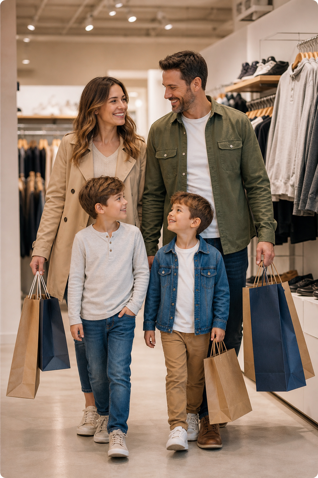 A smiling family shopping at Magasin Central
